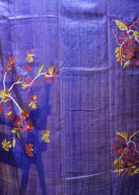 Blue Handloom Kantha Stitch Pure Silk Saree With Blouse Piece