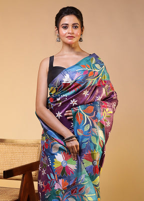Multicolor Handloom Kantha Stitch Pure Silk Saree With Blouse Piece