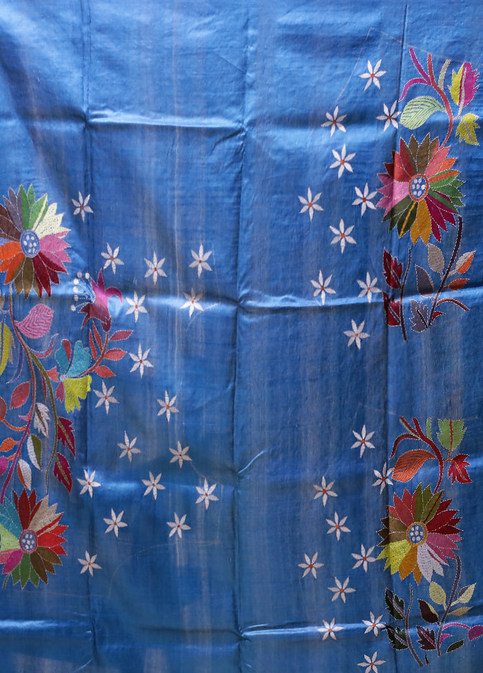 Multicolor Handloom Kantha Stitch Pure Silk Saree With Blouse Piece