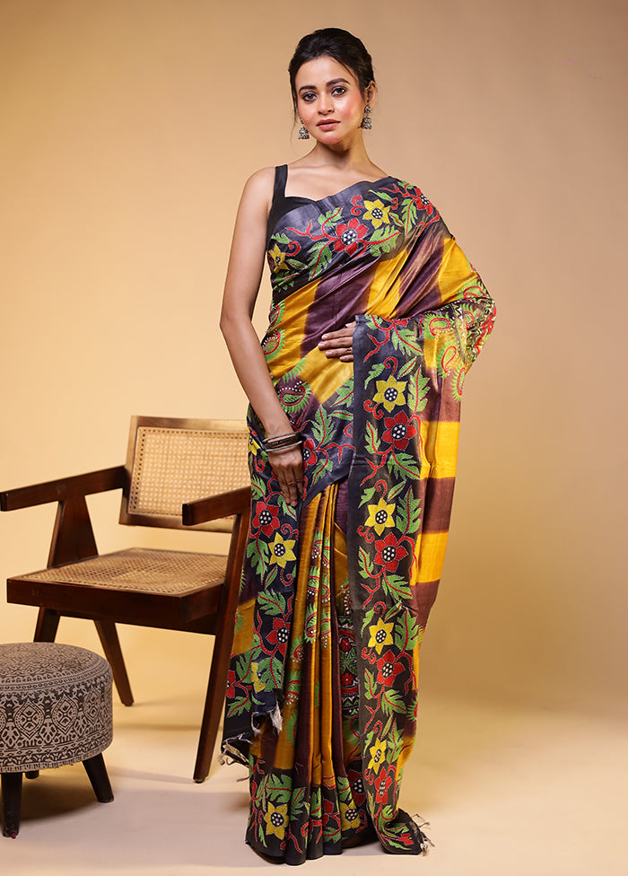 Multicolor Handloom Kantha Stitch Pure Silk Saree With Blouse Piece
