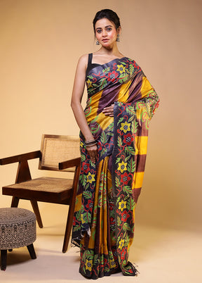 Multicolor Handloom Kantha Stitch Pure Silk Saree With Blouse Piece