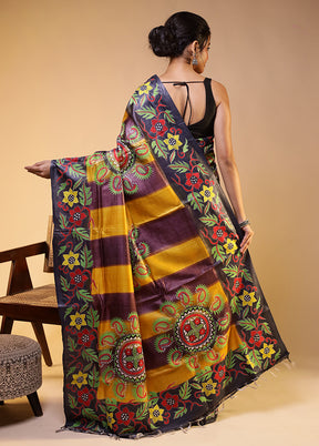 Multicolor Handloom Kantha Stitch Pure Silk Saree With Blouse Piece