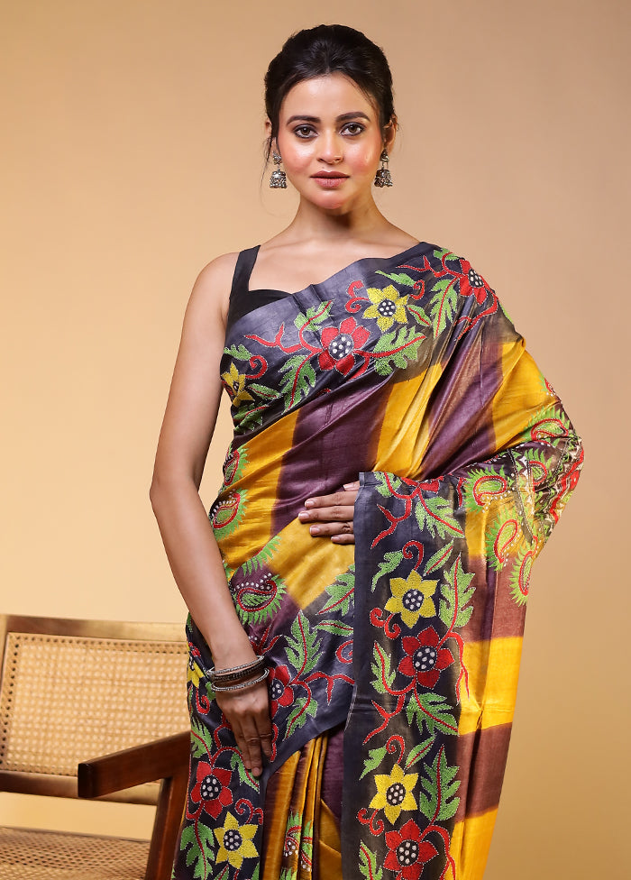 Multicolor Handloom Kantha Stitch Pure Silk Saree With Blouse Piece