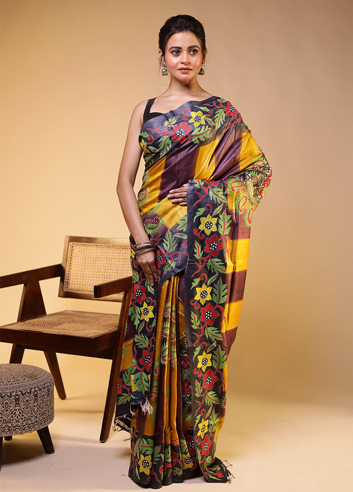 Multicolor Handloom Kantha Stitch Pure Silk Saree With Blouse Piece