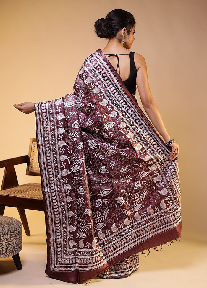 Purple Handloom Kantha Stitch Pure Silk Saree With Blouse Piece