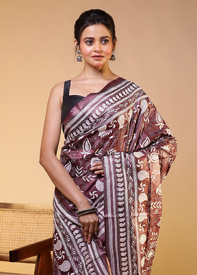 Purple Handloom Kantha Stitch Pure Silk Saree With Blouse Piece