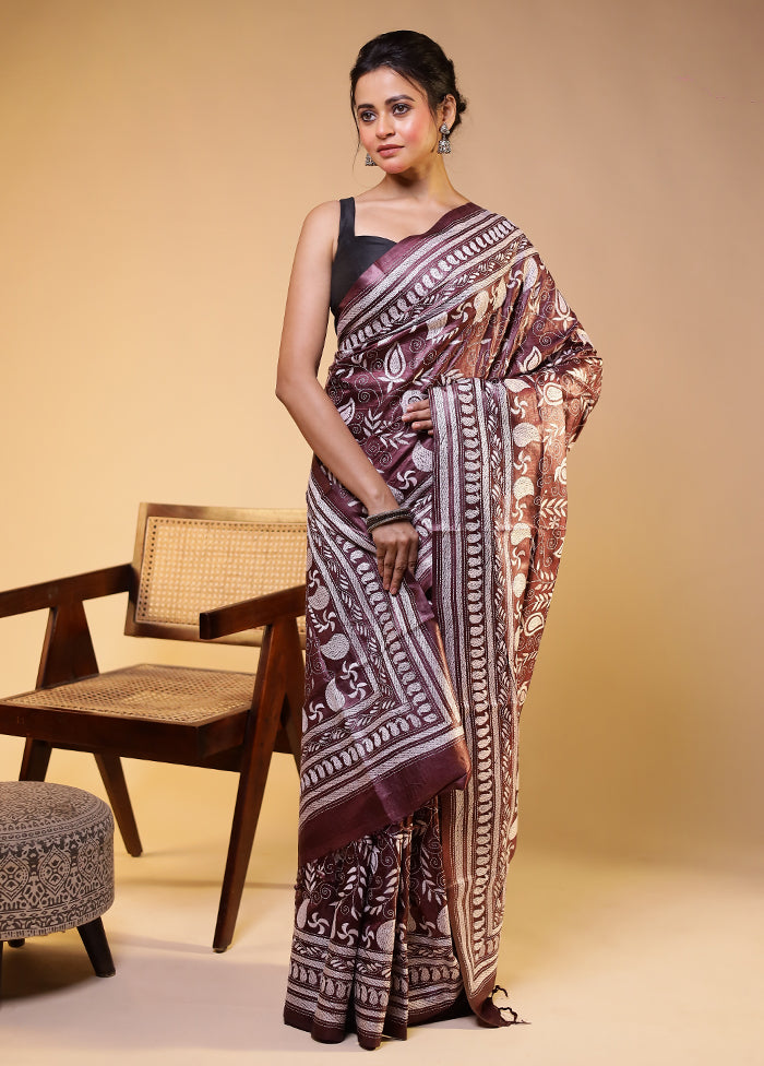 Purple Handloom Kantha Stitch Pure Silk Saree With Blouse Piece