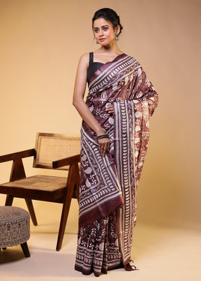 Purple Handloom Kantha Stitch Pure Silk Saree With Blouse Piece