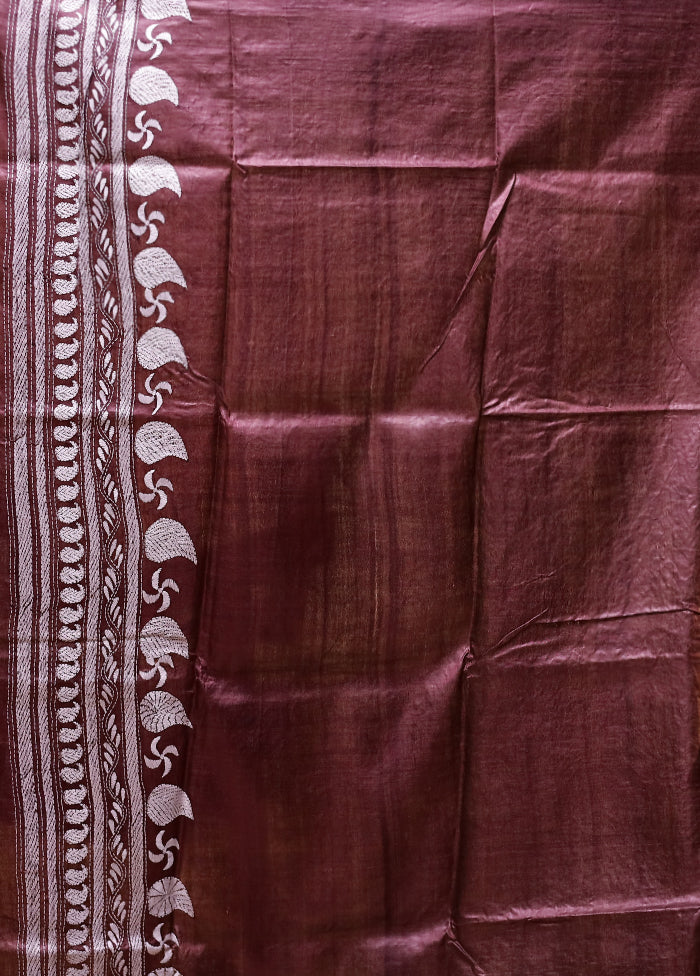 Purple Handloom Kantha Stitch Pure Silk Saree With Blouse Piece