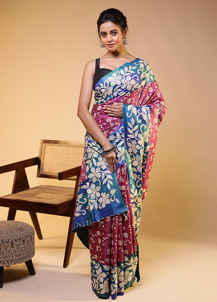 Multicolor Handloom Kantha Stitch Pure Silk Saree With Blouse Piece