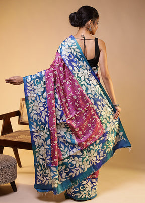 Multicolor Handloom Kantha Stitch Pure Silk Saree With Blouse Piece