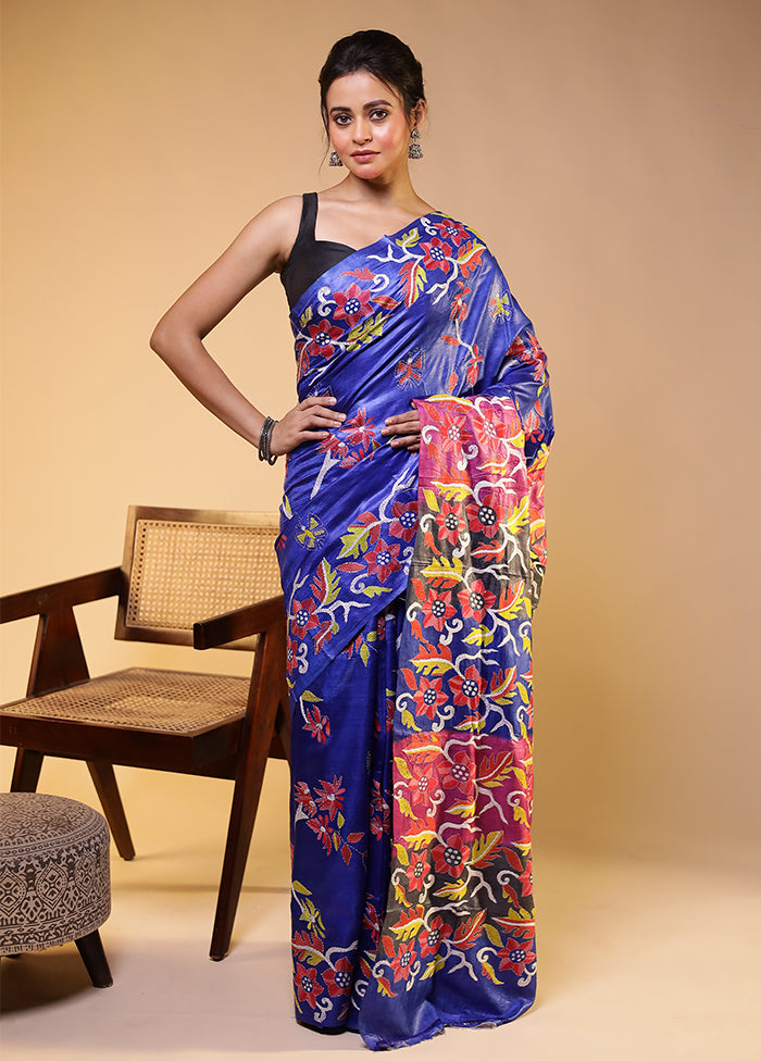 Grey Handloom Kantha Stitch Pure Silk Saree With Blouse Piece