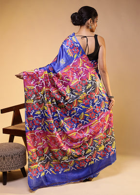 Grey Handloom Kantha Stitch Pure Silk Saree With Blouse Piece
