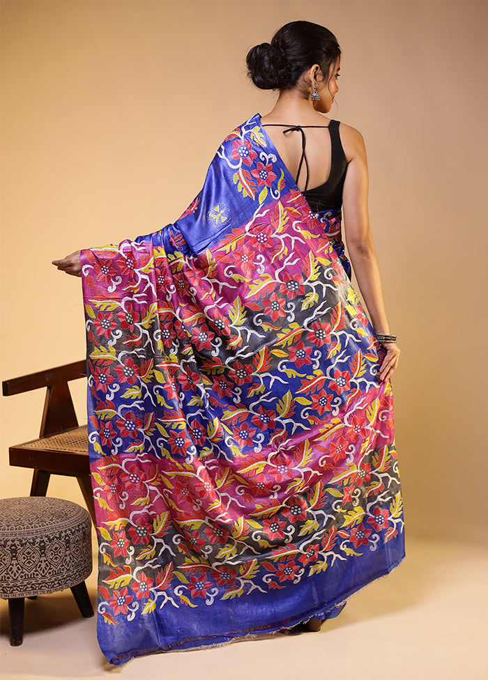 Multicolor Handloom Kantha Stitch Pure Silk Saree With Blouse Piece