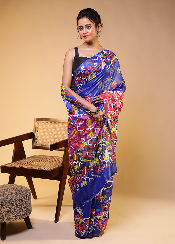Multicolor Handloom Kantha Stitch Pure Silk Saree With Blouse Piece
