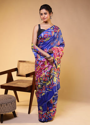 Grey Handloom Kantha Stitch Pure Silk Saree With Blouse Piece