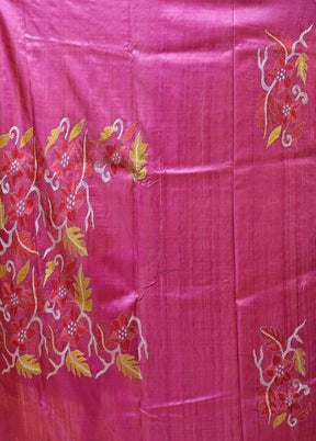 Grey Handloom Kantha Stitch Pure Silk Saree With Blouse Piece