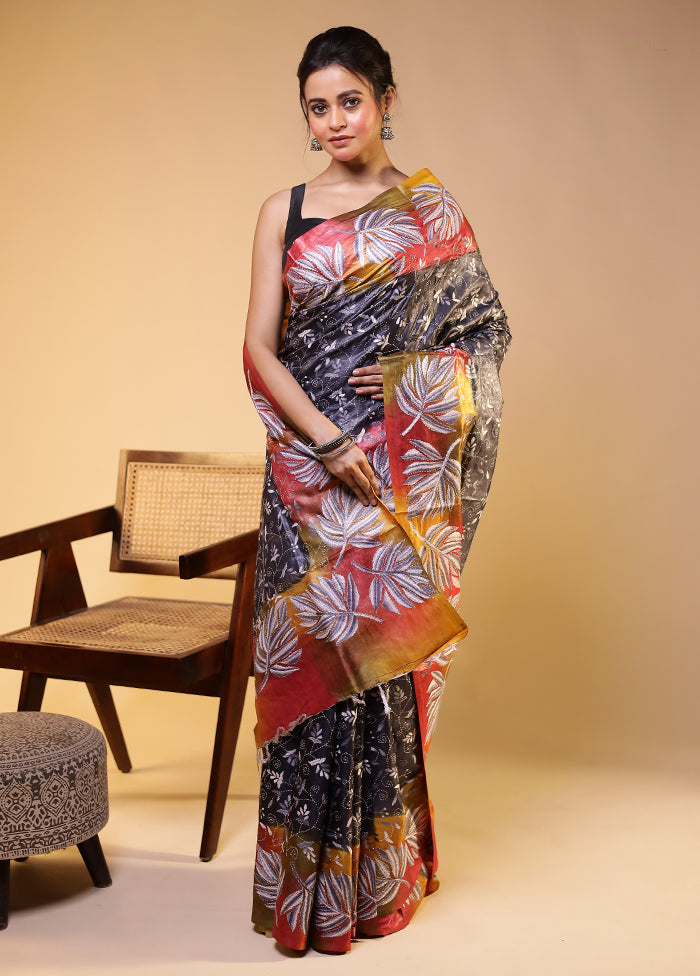 Multicolor Handloom Kantha Stitch Pure Silk Saree With Blouse Piece