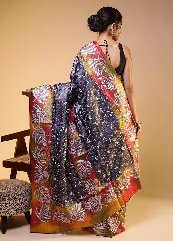Multicolor Handloom Kantha Stitch Pure Silk Saree With Blouse Piece
