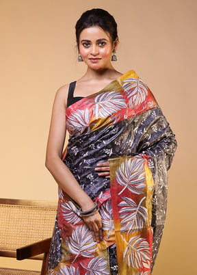 Multicolor Handloom Kantha Stitch Pure Silk Saree With Blouse Piece
