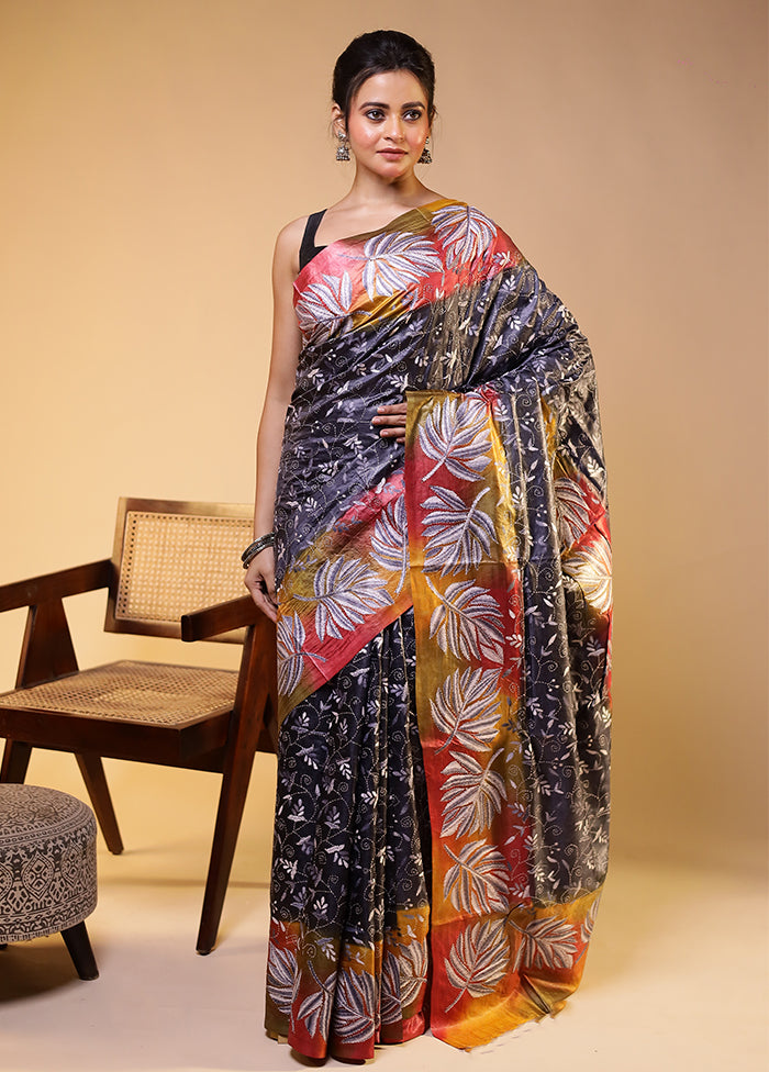 Multicolor Handloom Kantha Stitch Pure Silk Saree With Blouse Piece