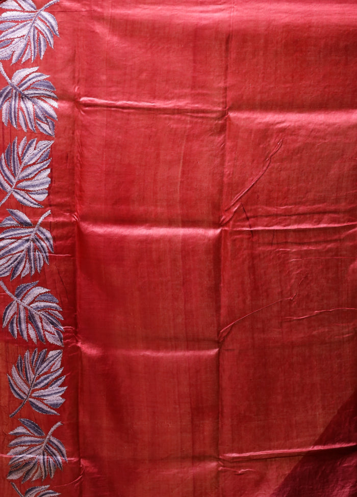 Multicolor Handloom Kantha Stitch Pure Silk Saree With Blouse Piece
