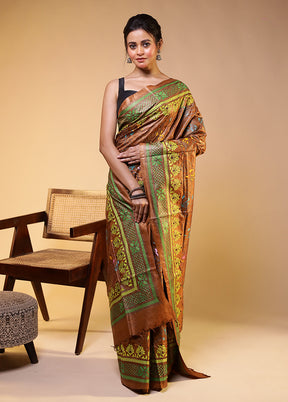 Rust Handloom Kantha Stitch Pure Silk Saree With Blouse Piece