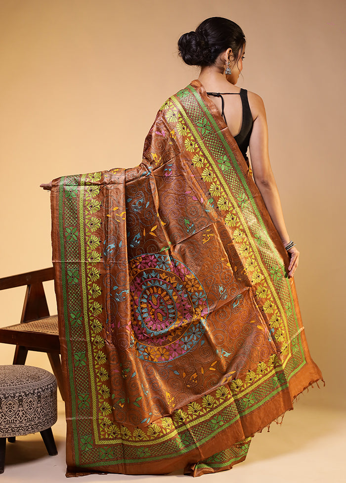 Rust Handloom Kantha Stitch Pure Silk Saree With Blouse Piece