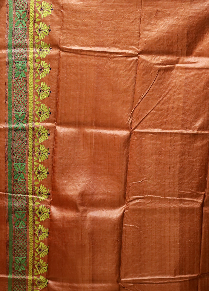 Rust Handloom Kantha Stitch Pure Silk Saree With Blouse Piece
