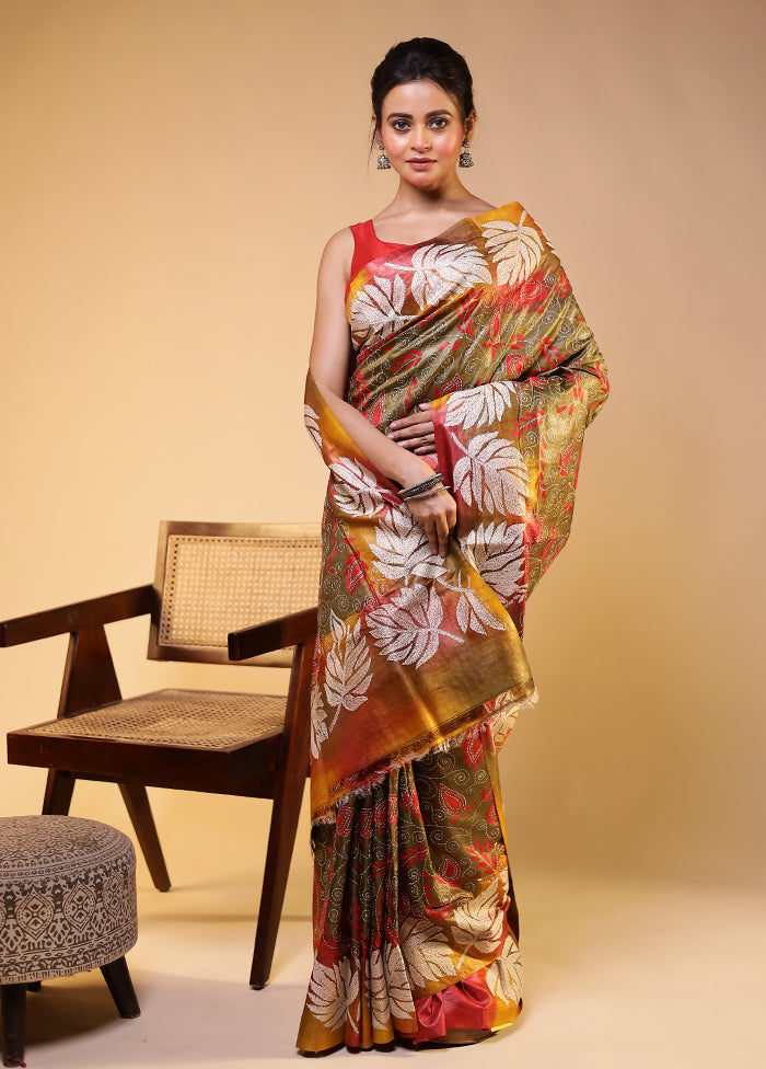 Multicolor Handloom Kantha Stitch Pure Silk Saree With Blouse Piece