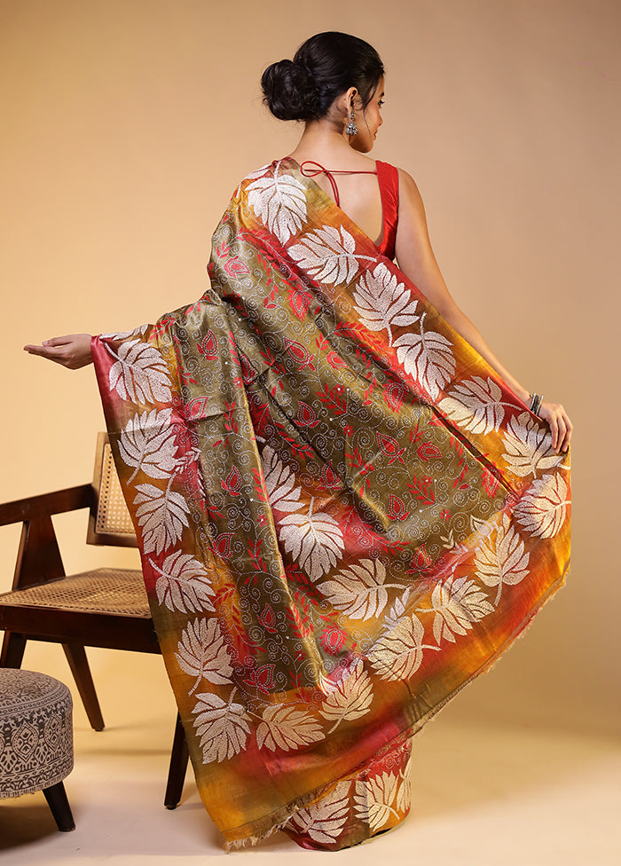 Multicolor Handloom Kantha Stitch Pure Silk Saree With Blouse Piece
