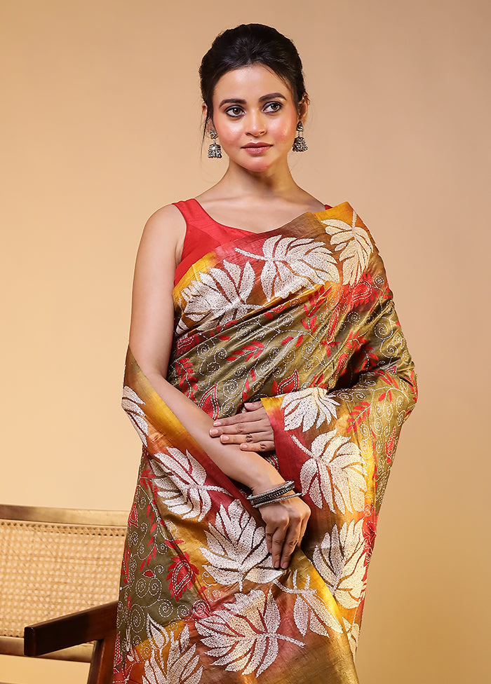 Multicolor Handloom Kantha Stitch Pure Silk Saree With Blouse Piece