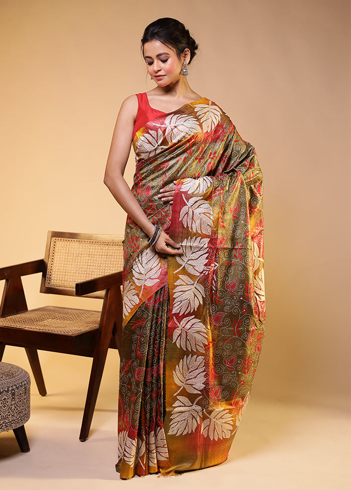 Multicolor Handloom Kantha Stitch Pure Silk Saree With Blouse Piece