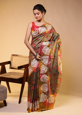 Multicolor Handloom Kantha Stitch Pure Silk Saree With Blouse Piece