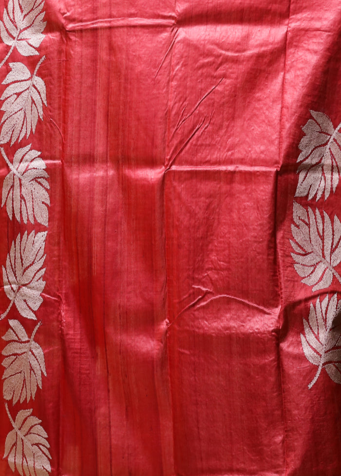 Multicolor Handloom Kantha Stitch Pure Silk Saree With Blouse Piece