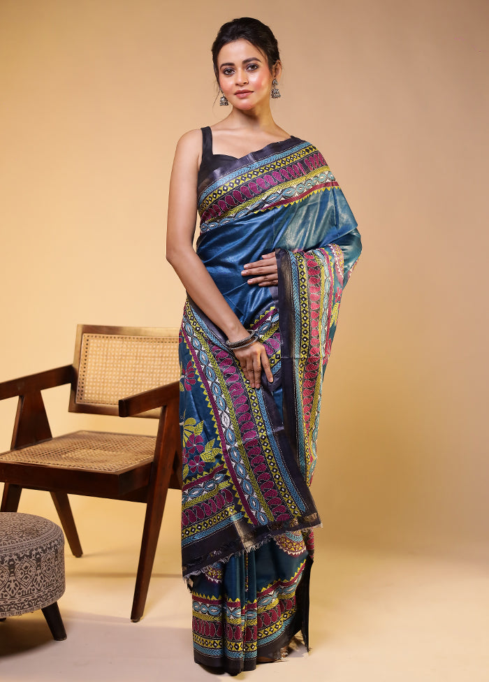 Blue Handloom Kantha Stitch Pure Silk Saree With Blouse Piece