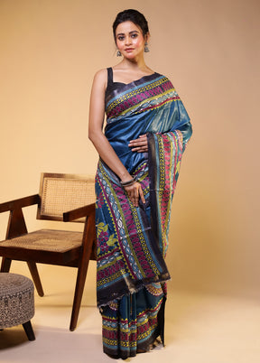 Blue Handloom Kantha Stitch Pure Silk Saree With Blouse Piece