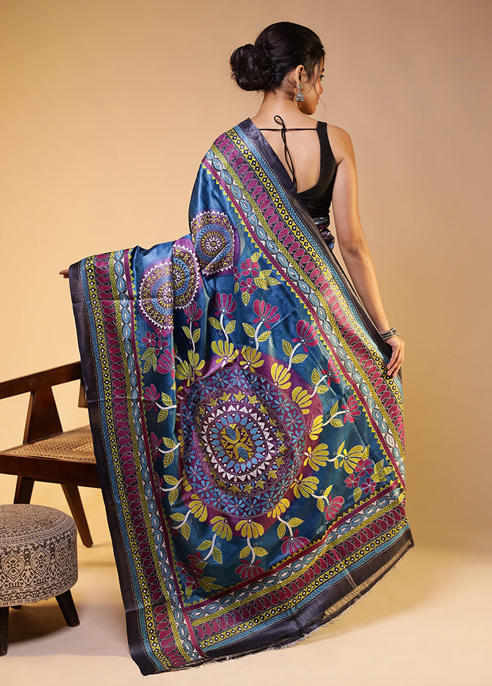 Blue Handloom Kantha Stitch Pure Silk Saree With Blouse Piece