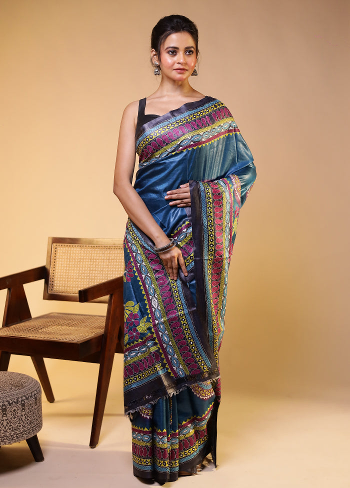 Blue Handloom Kantha Stitch Pure Silk Saree With Blouse Piece