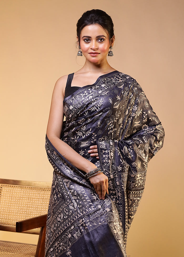 Grey Handloom Kantha Stitch Pure Silk Saree With Blouse Piece