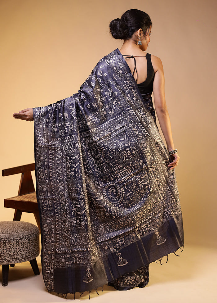 Grey Handloom Kantha Stitch Pure Silk Saree With Blouse Piece