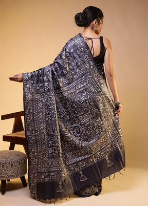 Blue Handloom Kantha Stitch Pure Silk Saree With Blouse Piece