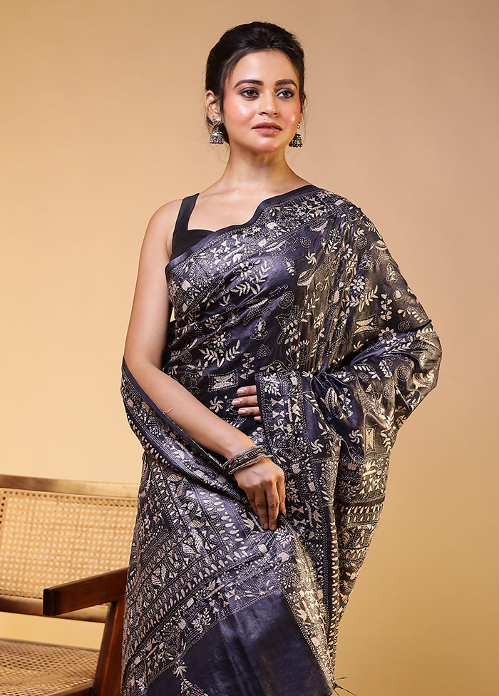 Grey Handloom Kantha Stitch Pure Silk Saree With Blouse Piece