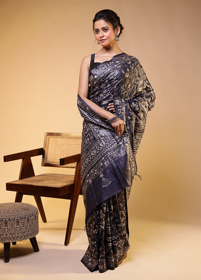 Grey Handloom Kantha Stitch Pure Silk Saree With Blouse Piece