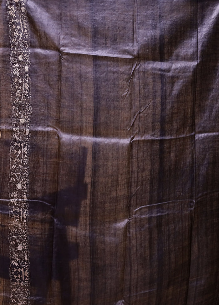 Grey Handloom Kantha Stitch Pure Silk Saree With Blouse Piece