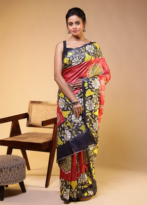 Multicolor Handloom Kantha Stitch Pure Silk Saree With Blouse Piece