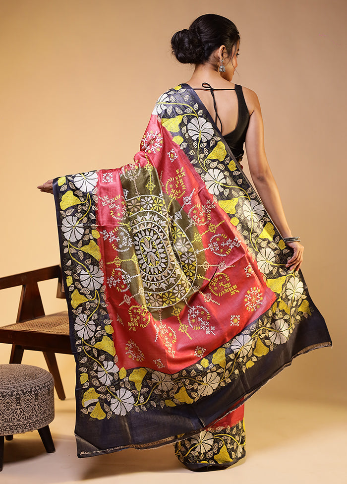 Pink Handloom Kantha Stitch Pure Silk Saree With Blouse Piece