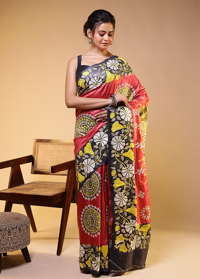 Pink Handloom Kantha Stitch Pure Silk Saree With Blouse Piece