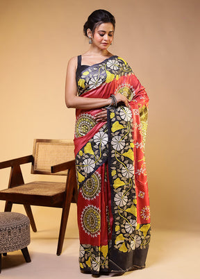 Multicolor Handloom Kantha Stitch Pure Silk Saree With Blouse Piece