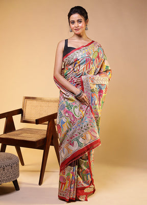 Multicolor Handloom Kantha Stitch Pure Silk Saree With Blouse Piece